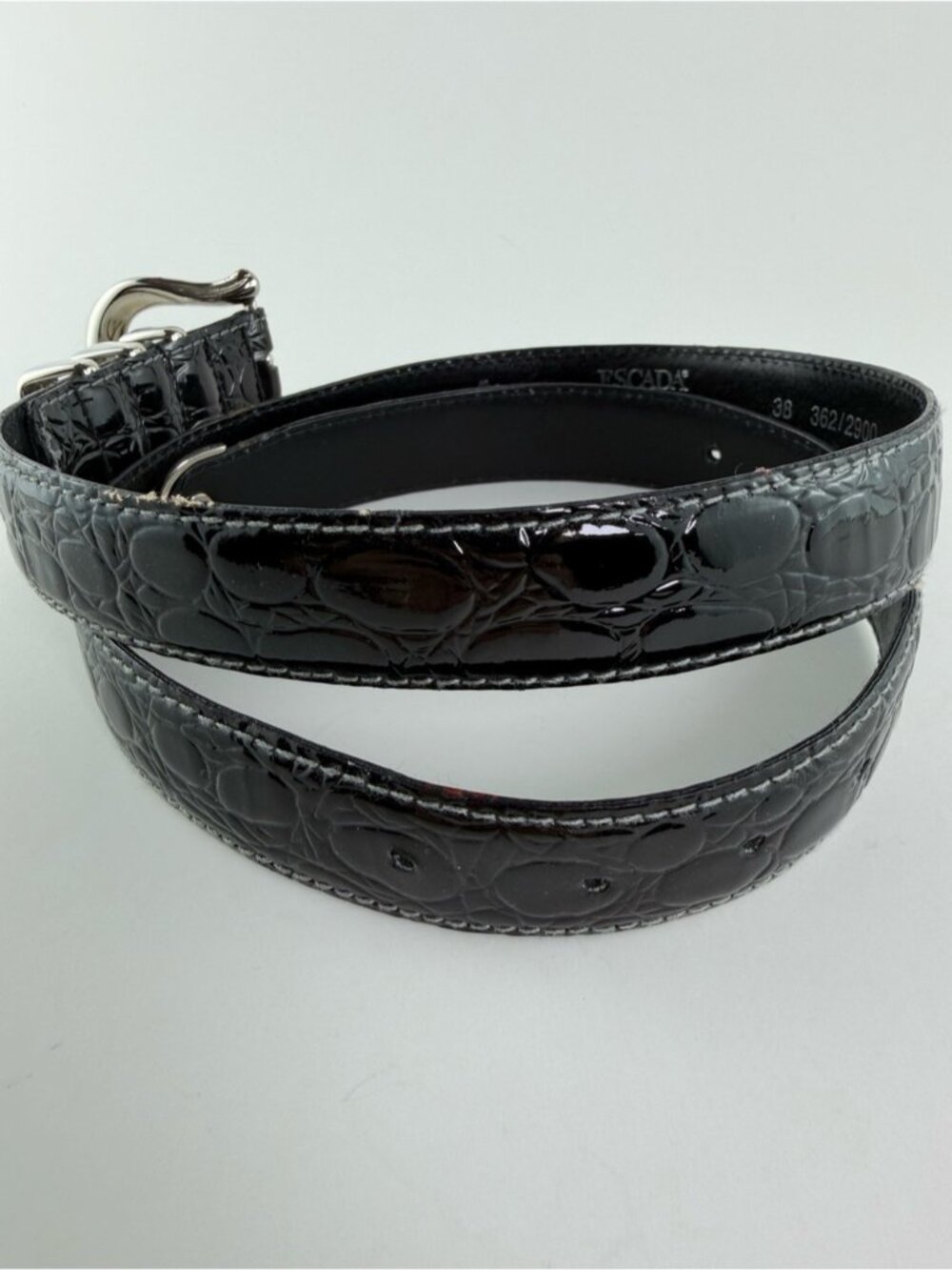 Escada Croc Embossed Patent Leather Belt Size 38 Small Black Silver Vintage 80s - Picture 4 of 7